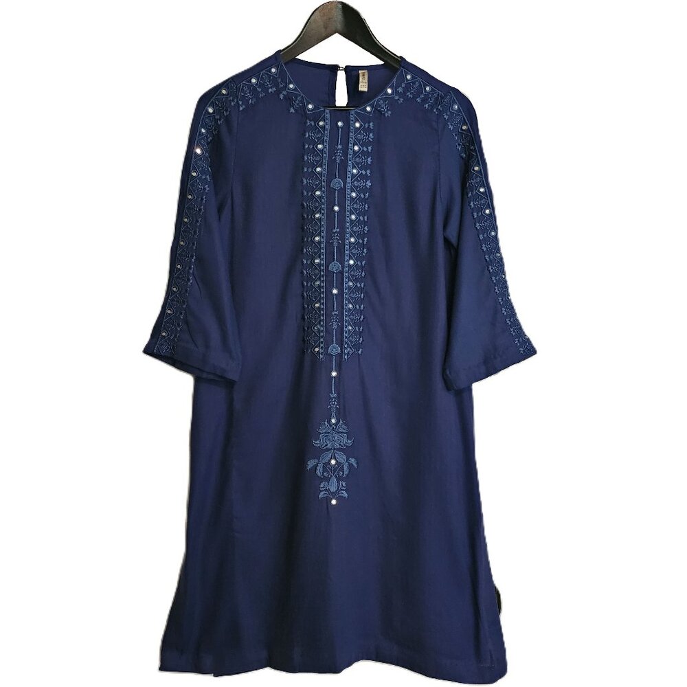 ETHNIC Blue Embroidered 3/4 Sleeve Tunic Short Dress Size Small